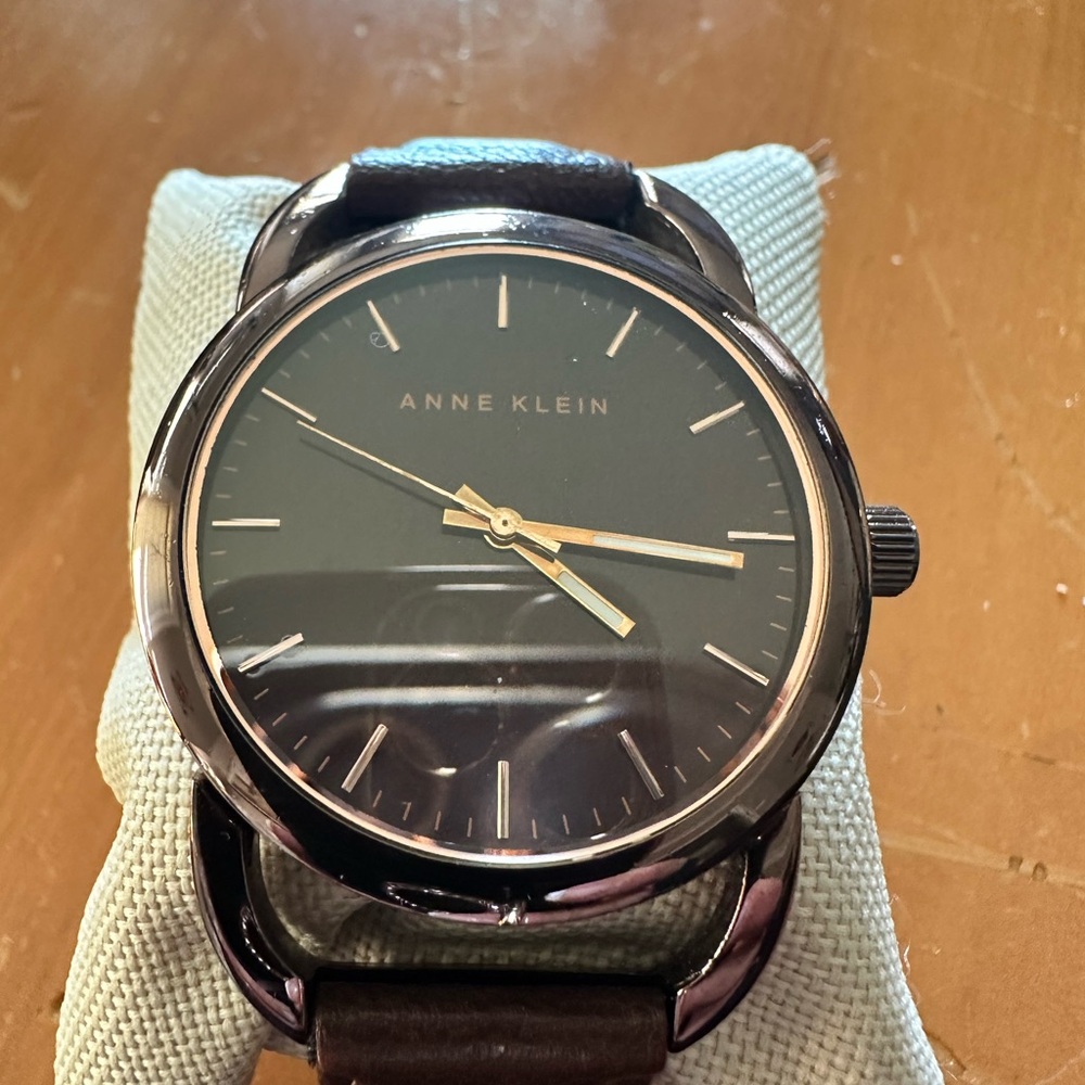 Anne Klein Black and Gold Tone Leather Watch